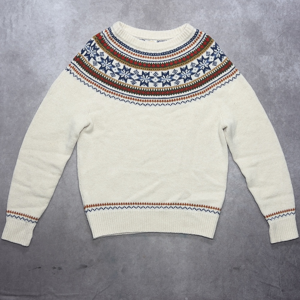 J Crew Sweater Mens Medium White Fair Isle Lambswool Crewneck Nordic Pullover